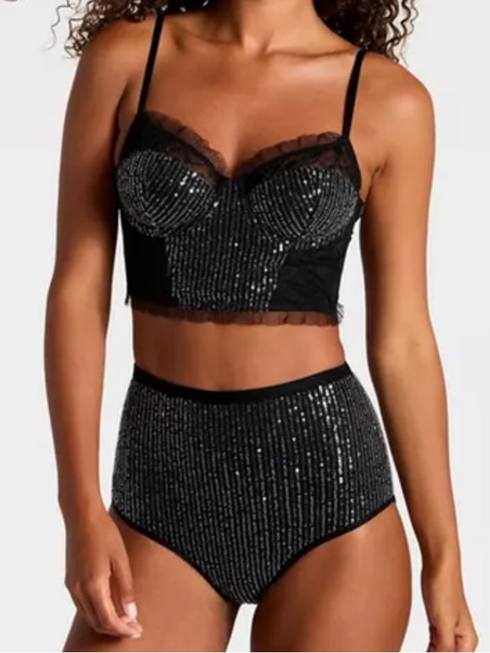 wild fable Tops - Black Sequin Lace Corset Crop Top w/ Lace Trim & sequin bottom brief NWT XS M L